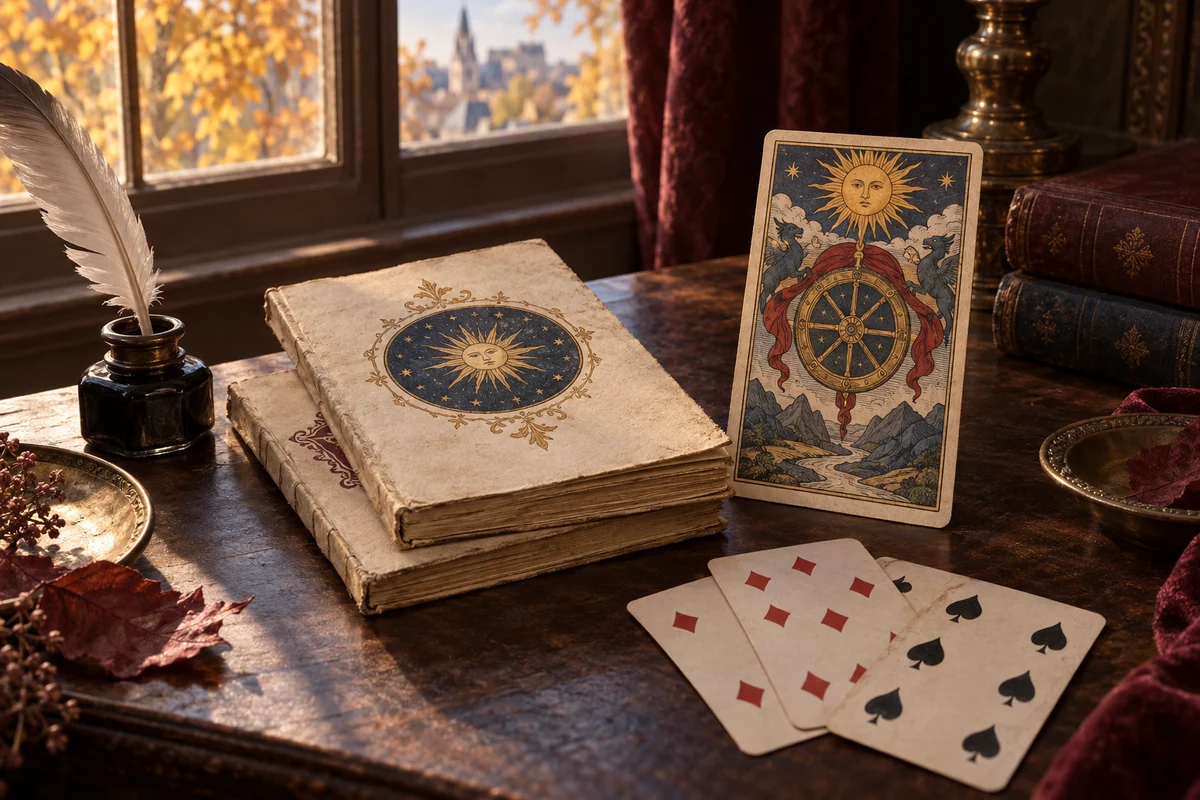 Старинные книги, перо, игральные карты и условные карты Таро на письменном столе
