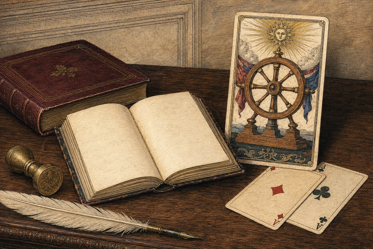 Старинная книга, условная карта с колесом и игральные карты на письменном столе