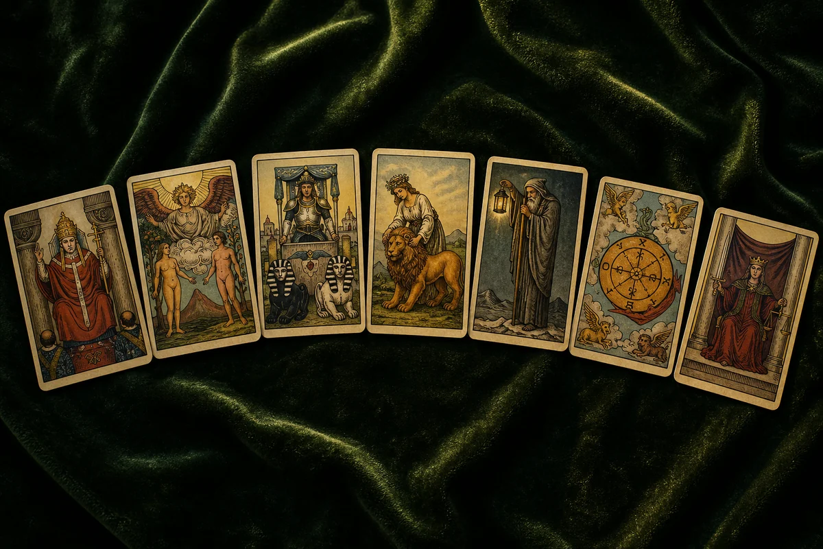 Иерофант, Влюблённые, Колесница, Сила, Отшельник, Колесо Фортуны и Справедливость