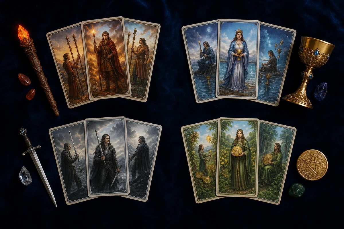 Четыре масти Младших арканов Таро: Жезлы, Кубки, Мечи и Пентакли