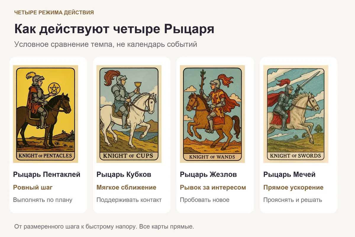 Четыре Рыцаря по характеру действия: Пентаклей, Кубков, Жезлов и Мечей с подписями темпа