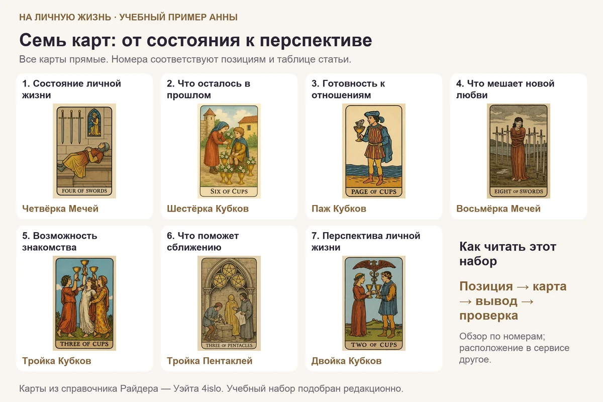 Семь карт учебного примера Анны с номерами и названиями позиций расклада На личную жизнь
