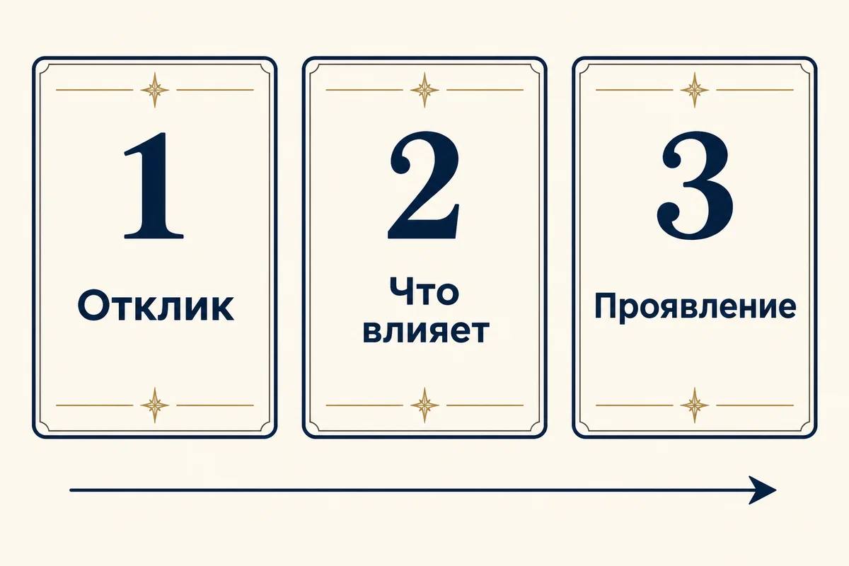 Три позиции расклада слева направо: отклик, что влияет, проявление