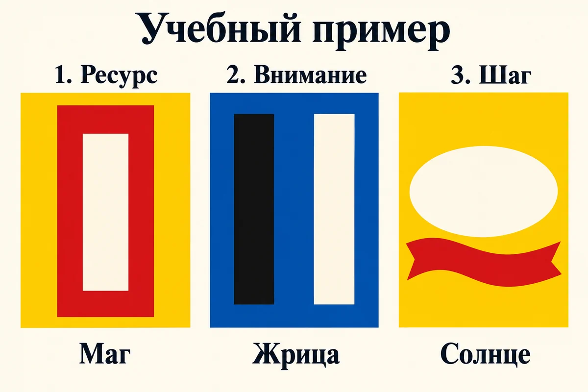 Три позиции: ресурс — Маг, внимание — Жрица, шаг — Солнце; условные образцы палитр