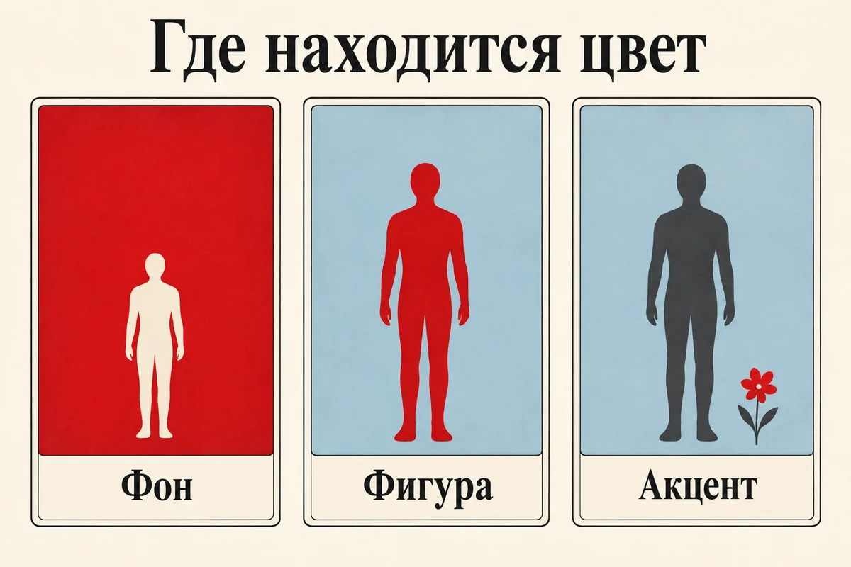 Одинаковый красный цвет на фоне, на фигуре и в небольшом акценте