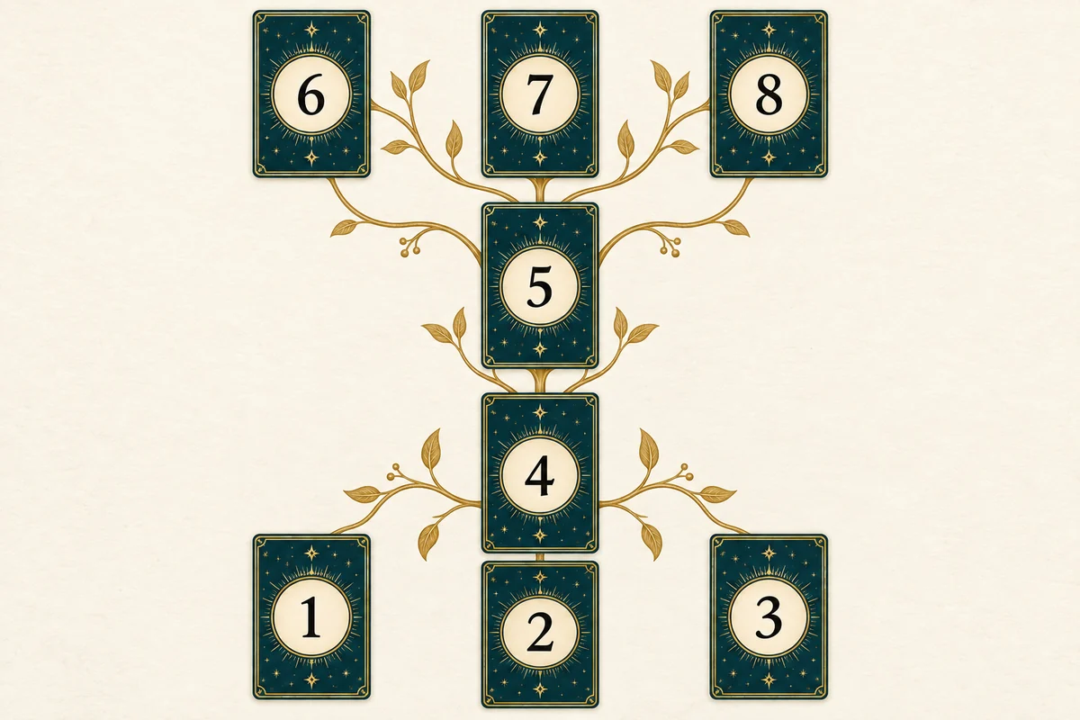 Схема восьми позиций: внизу 1, 2, 3; выше 4; над ней 5; наверху 6, 7, 8