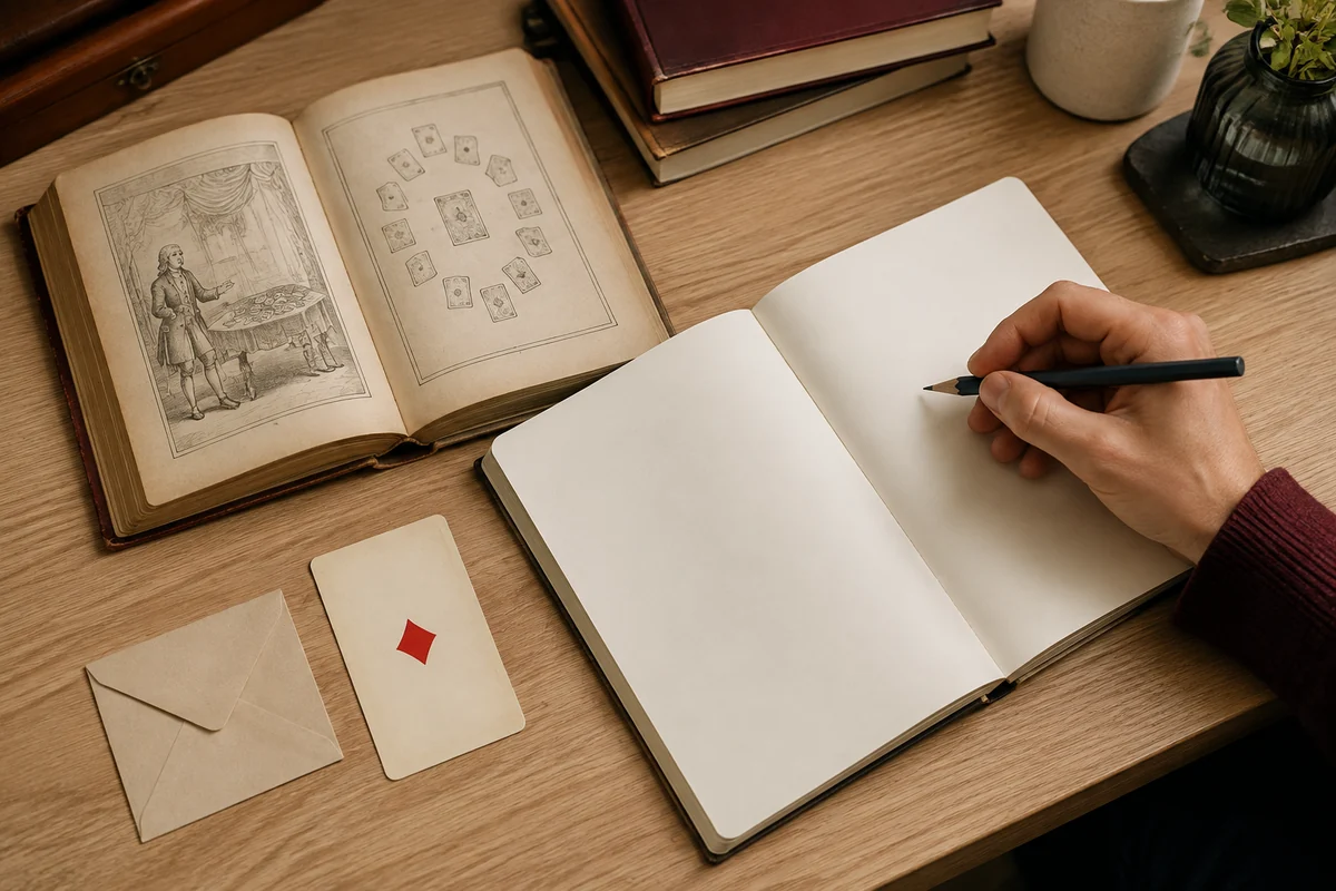 Читатель делает заметки рядом с книгой, условным бубновым тузом и конвертом