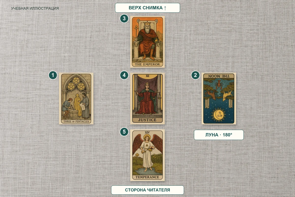 Учебная иллюстрация вида сверху: пять карт с номерами, перевёрнутая Луна справа, верх снимка и сторона читателя
