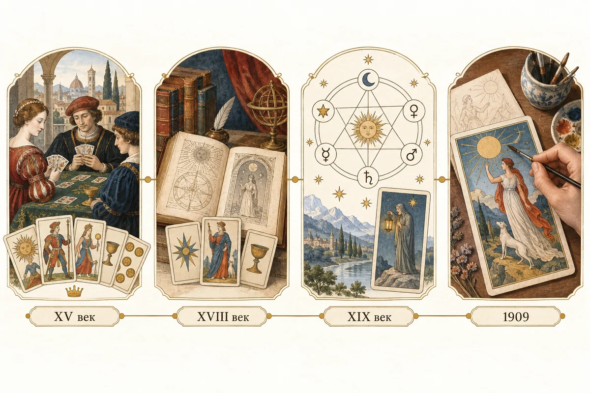 Четыре этапа: игра XV века, оккультные книги XVIII века, системы XIX века, иллюстрированная колода 1909 года
