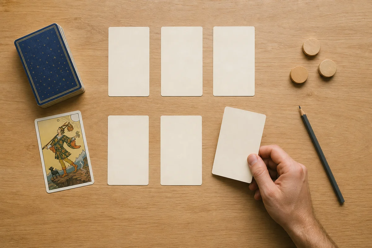 Шесть пустых позиций будущего расклада рядом с колодой и картой Таро