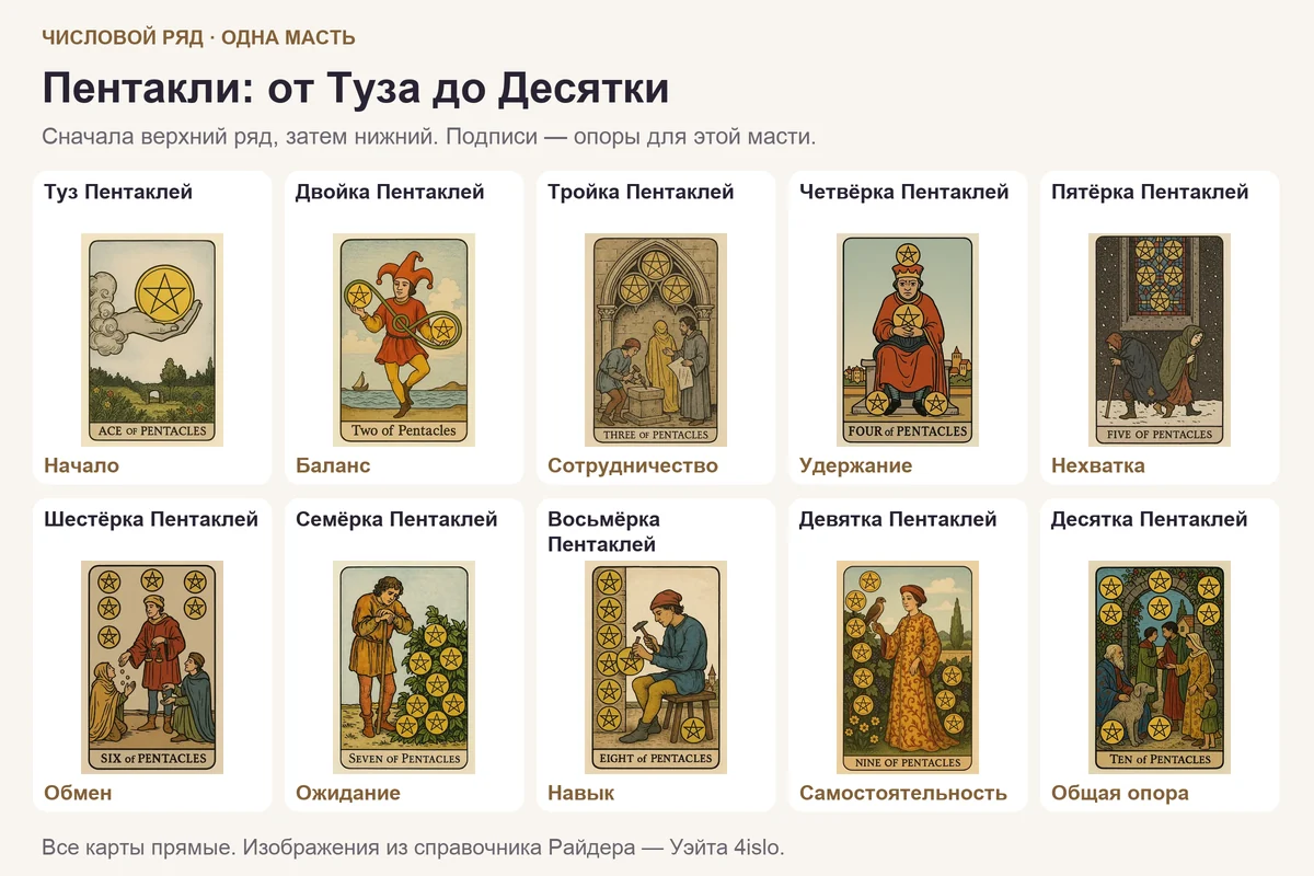 Десять числовых Пентаклей от Туза до Десятки с названиями и опорами для памяти