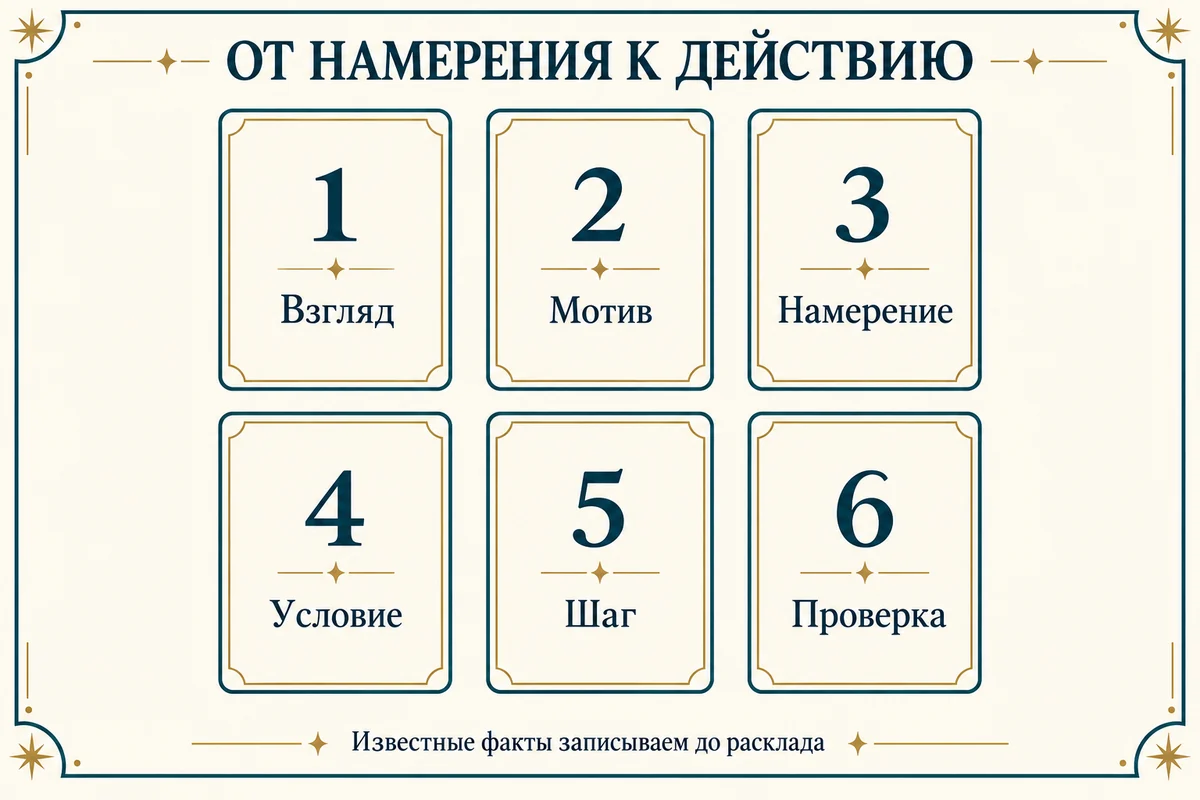 Схема шести карт: верхний ряд 1 Взгляд, 2 Мотив, 3 Намерение; нижний ряд 4 Условие, 5 Шаг, 6 Проверка