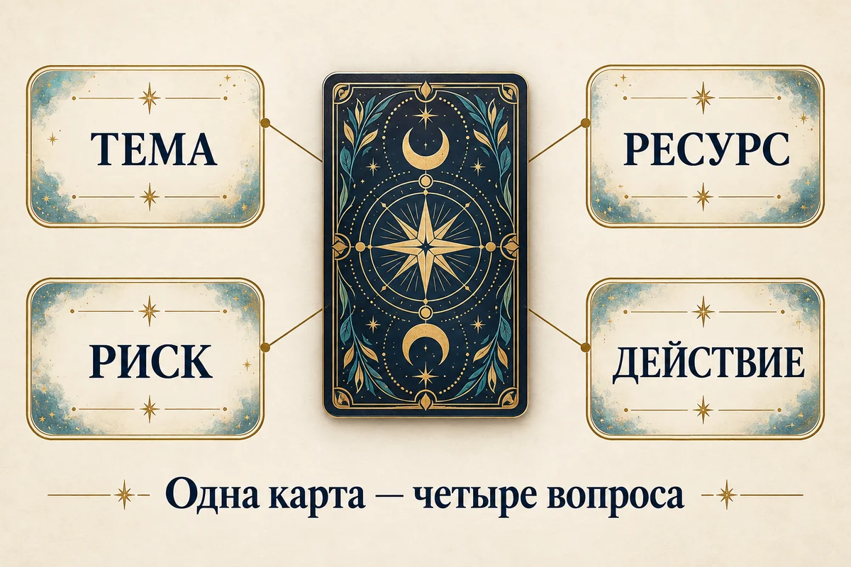 Одна карта в центре схемы и четыре вопроса вокруг неё: тема, ресурс, риск и действие