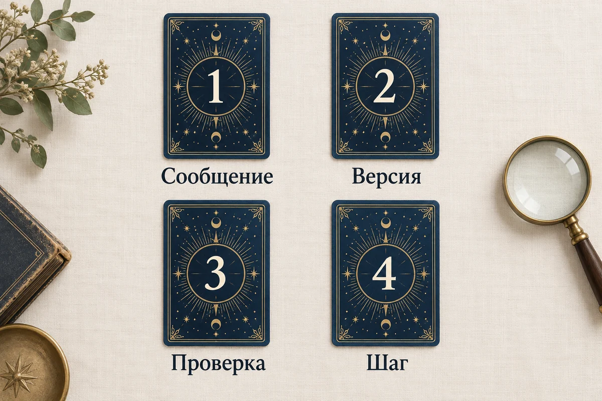 Четыре позиции в квадрате: 1 Сообщение, 2 Версия, 3 Проверка, 4 Шаг
