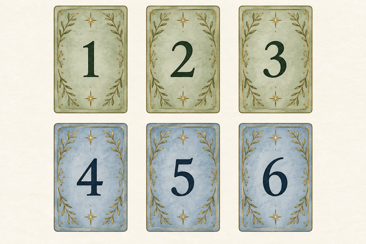 Шесть позиций расклада: сверху 1, 2, 3; снизу 4, 5, 6