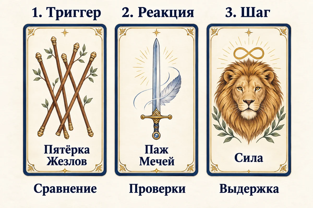 Схема трёх позиций: Триггер — Пятёрка Жезлов, Реакция — Паж Мечей, Шаг — Сила