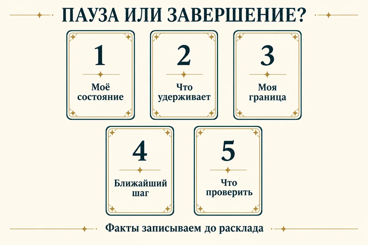 Схема пяти позиций: моё состояние, что удерживает, моя граница, ближайший шаг, что проверить