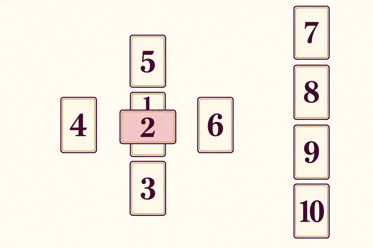 Кельтский крест: 2 поперёк 1; 3 снизу, 4 слева, 5 сверху, 6 справа; отдельный ряд 7, 8, 9, 10 сверху вниз