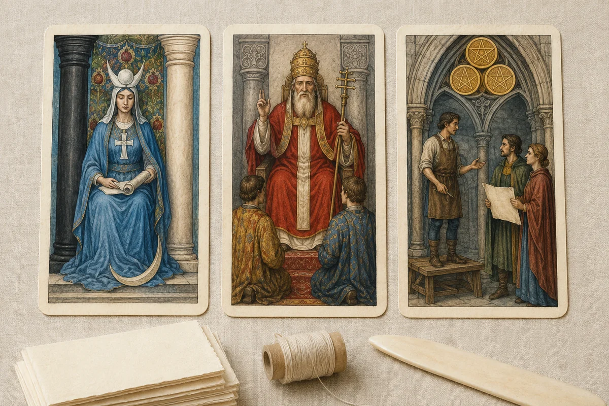 Жрица, Иерофант и Тройка Пентаклей рядом с материалами для ручного переплёта