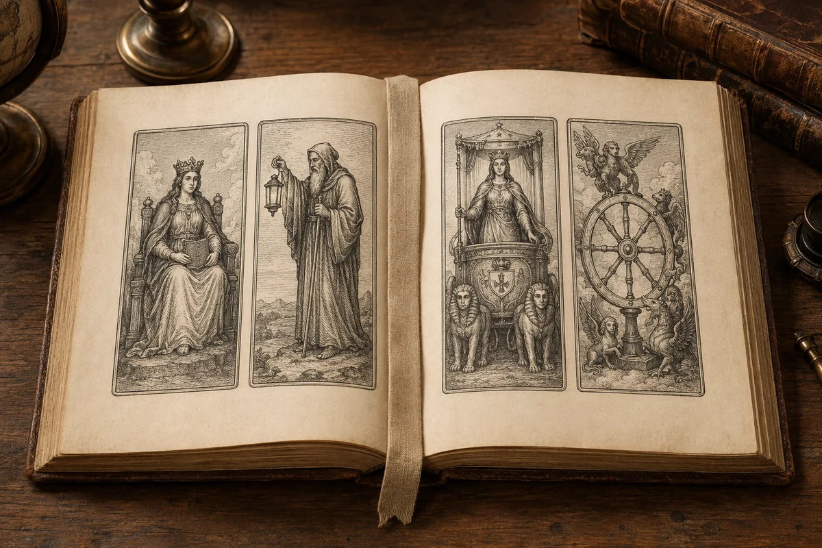 Открытая старинная книга с двумя страницами иллюстраций Таро