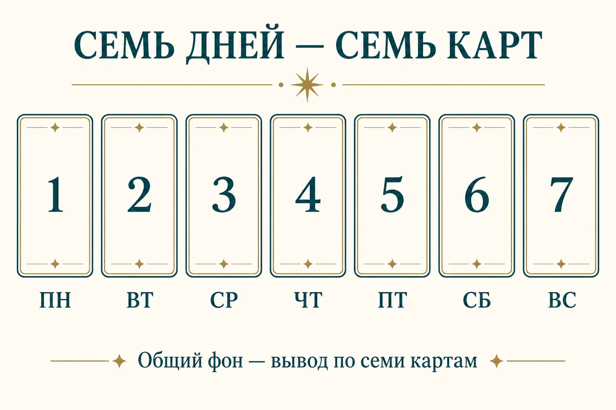 Семь вертикальных карт в одном ряду: 1 ПН, 2 ВТ, 3 СР, 4 ЧТ, 5 ПТ, 6 СБ, 7 ВС; общий фон выводится из всего ряда