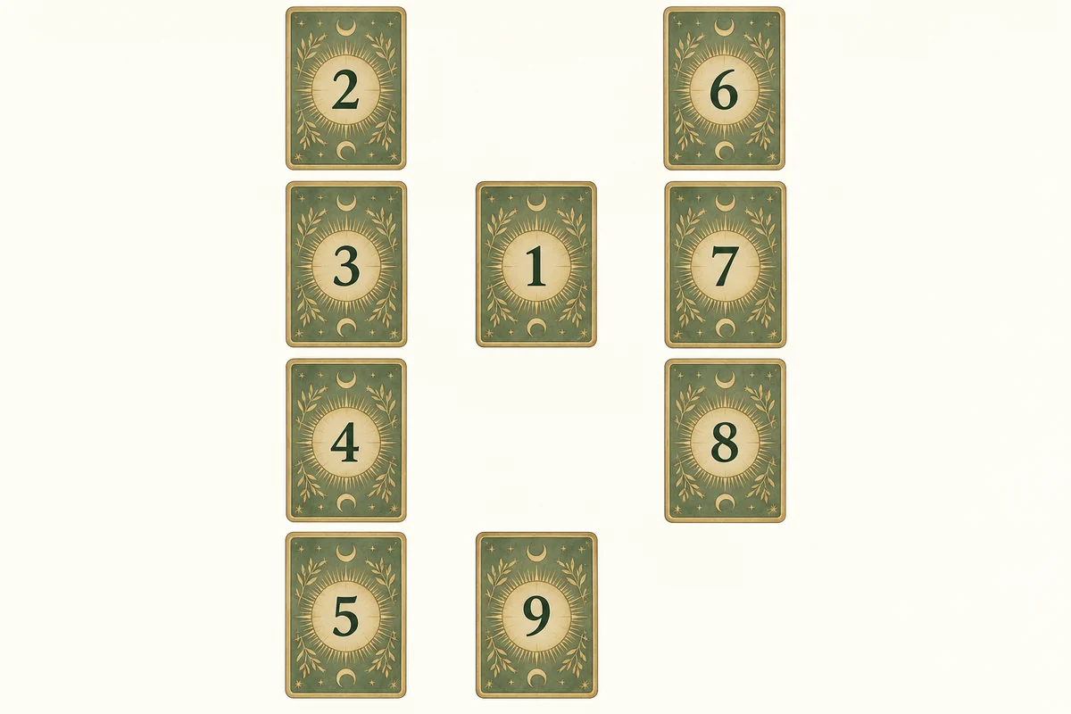 Схема девяти карт: слева 2, 3, 4, 5; справа 6, 7, 8; в центре 1, под ней 9