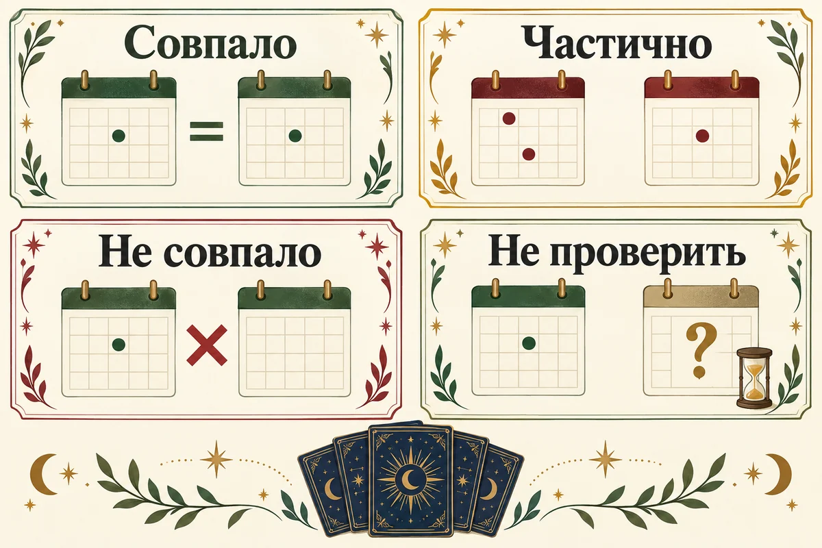 Четыре результата проверки прогноза: совпало, частично, не совпало и не проверить