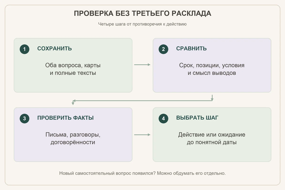 Порядок действий без третьего расклада: сохранить ответы, сравнить условия, проверить факты, выбрать следующий шаг