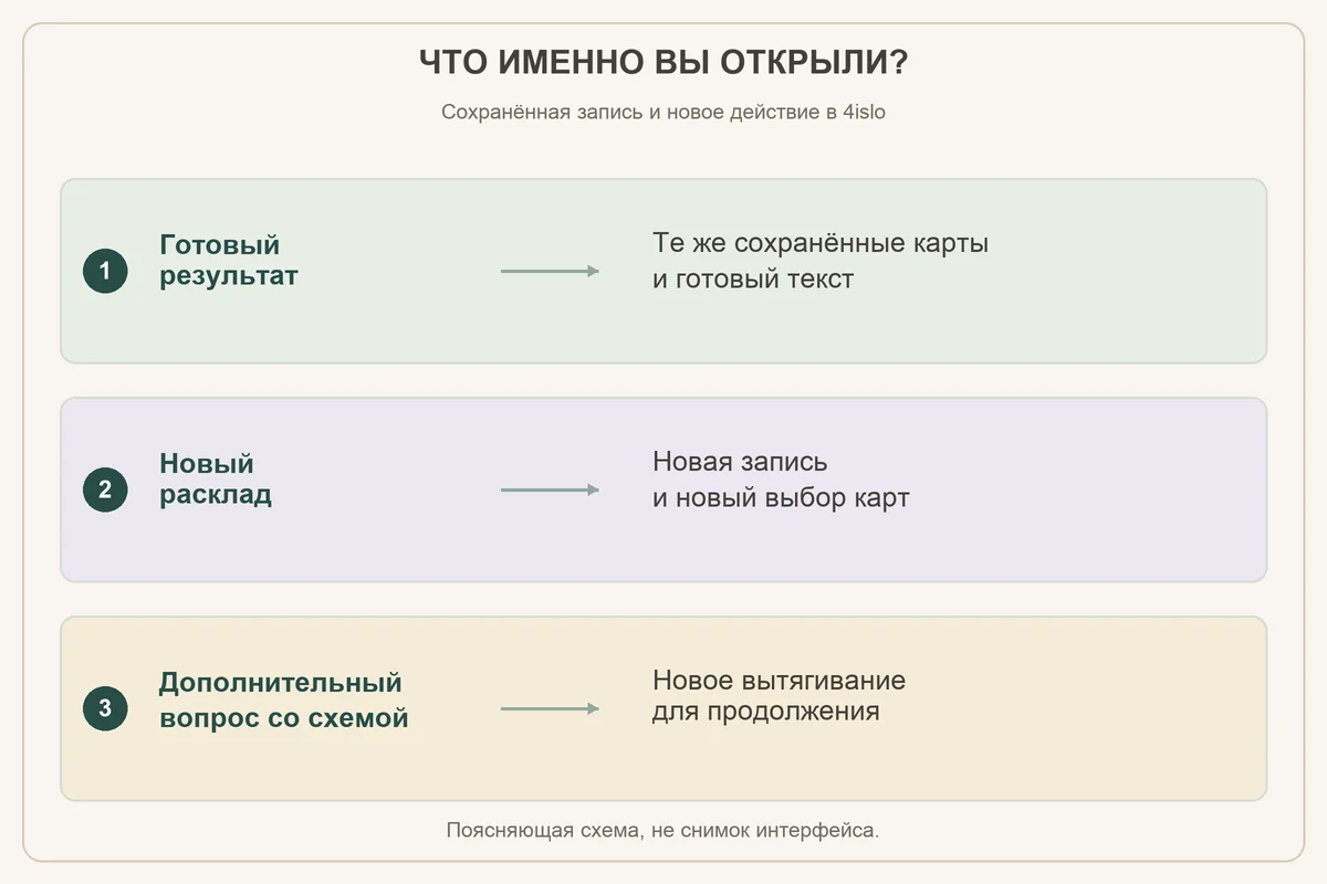 Сравнение трёх действий: открыть сохранённый результат, создать новый расклад, задать дополнительный вопрос