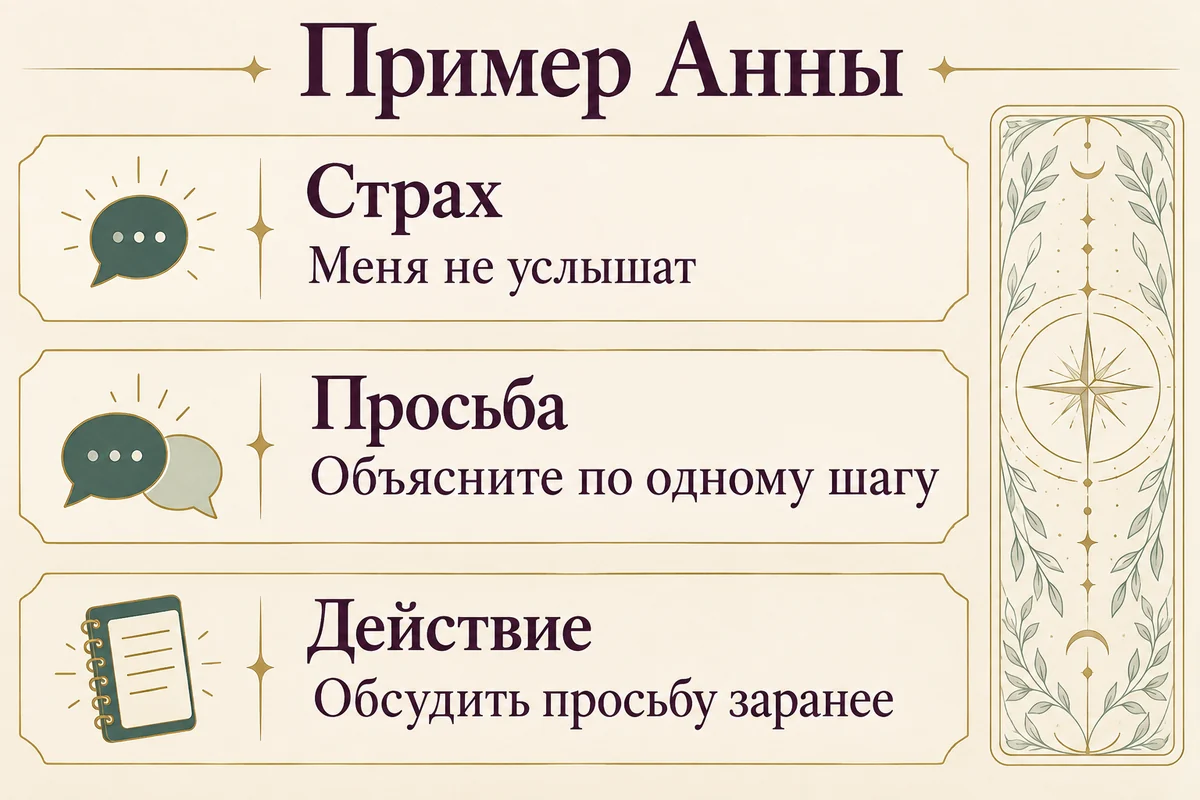 Пример Анны: страх быть неуслышанной, просьба объяснять по одному шагу и действие — обсудить просьбу заранее