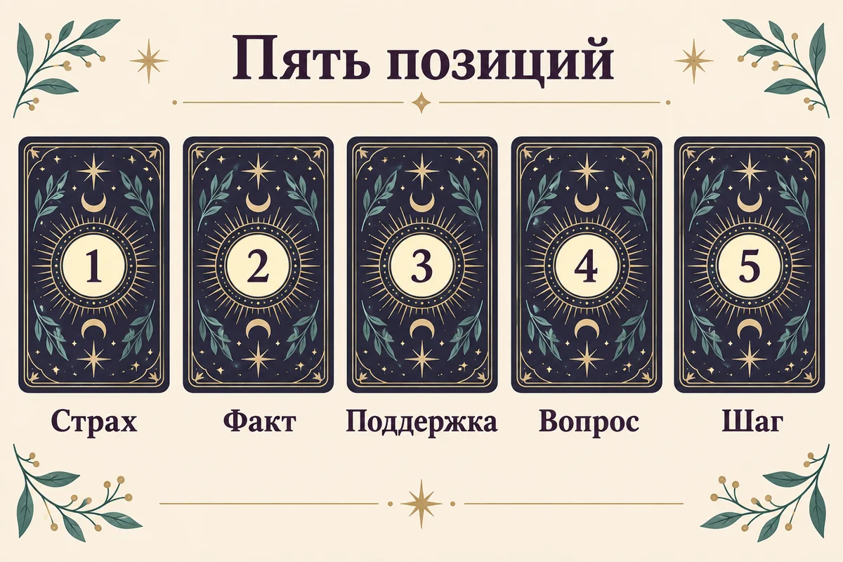 Пять карт в ряд: 1 — страх, 2 — факт, 3 — поддержка, 4 — вопрос, 5 — шаг