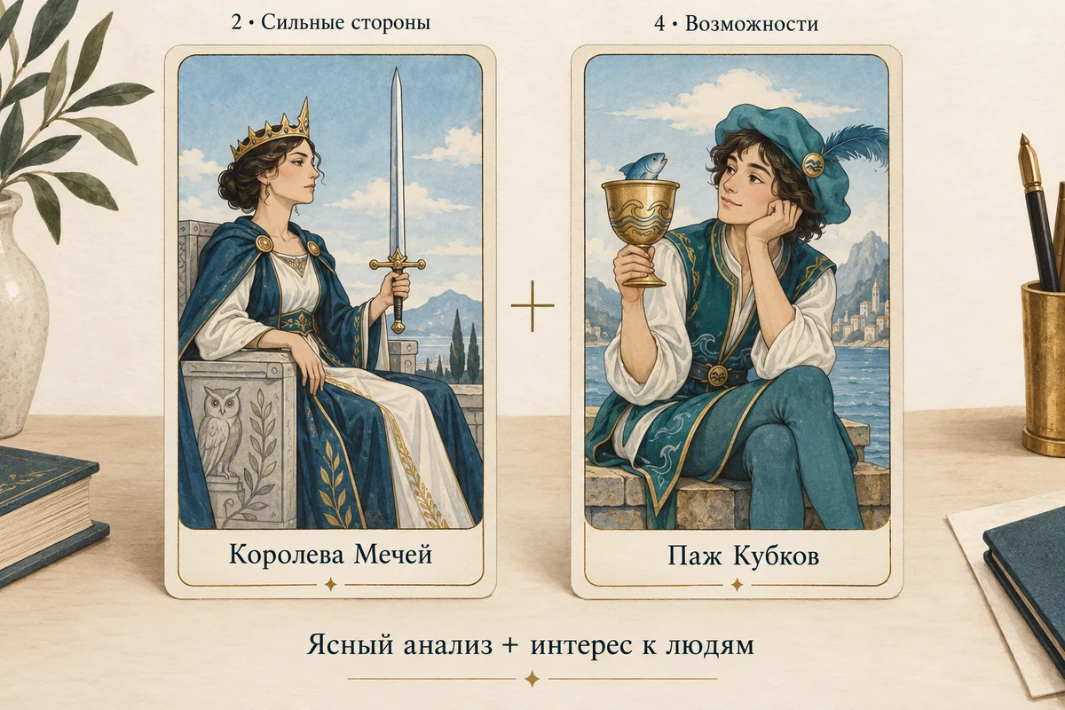 Учебная пара: Королева Мечей в сильных сторонах и Паж Кубков в возможностях соединяют ясный анализ с интересом к людям
