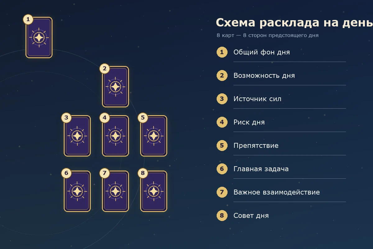 Точная схема расклада Таро на день из восьми карт с названиями позиций