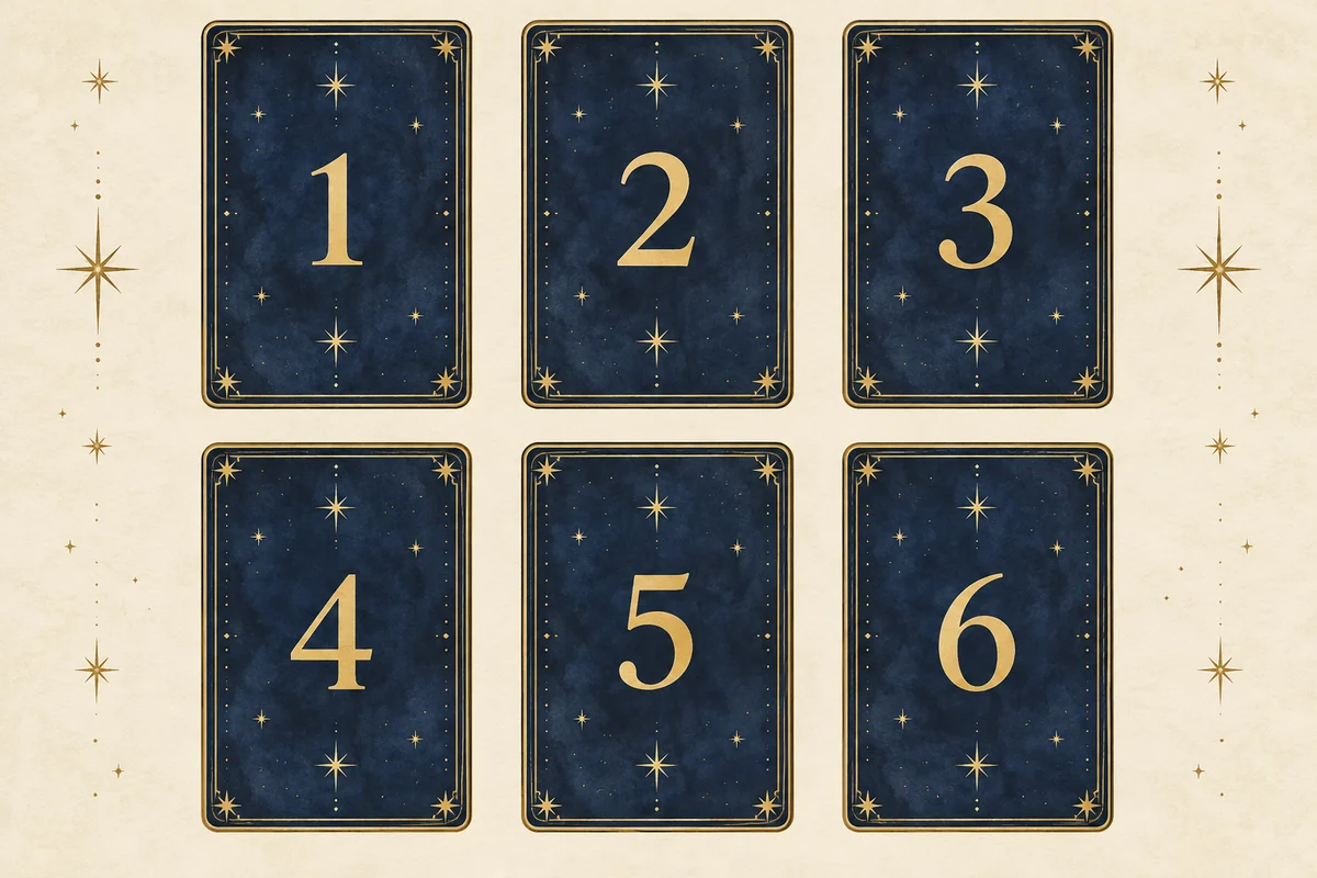 Шесть позиций расклада: сверху 1, 2, 3; снизу 4, 5, 6