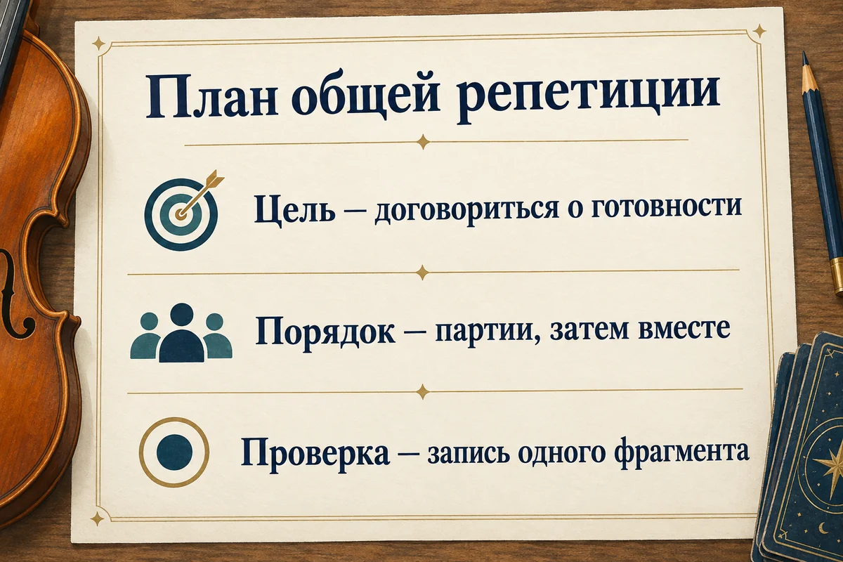 План общей репетиции: договориться о готовности, соединить партии, записать один фрагмент