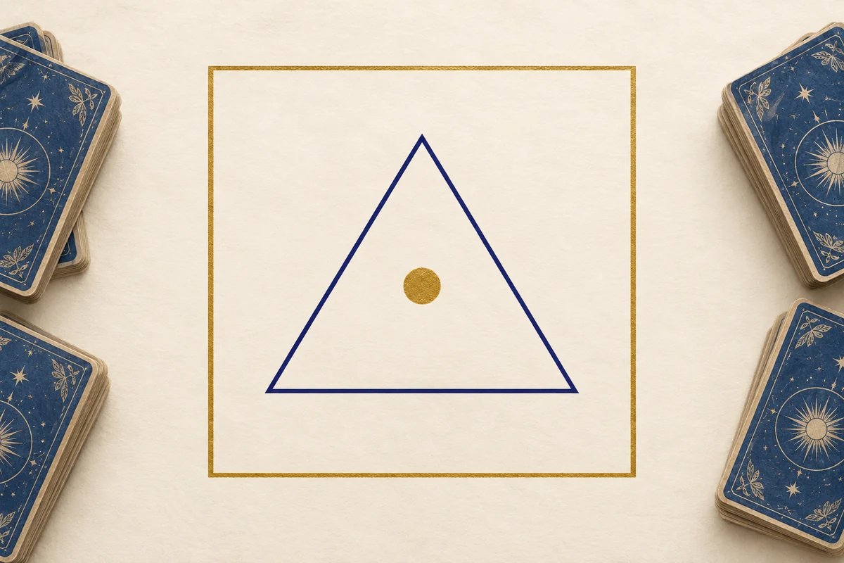 Точка внутри синего треугольника, окружённого золотым квадратом; по краям лежат рубашки карт Таро