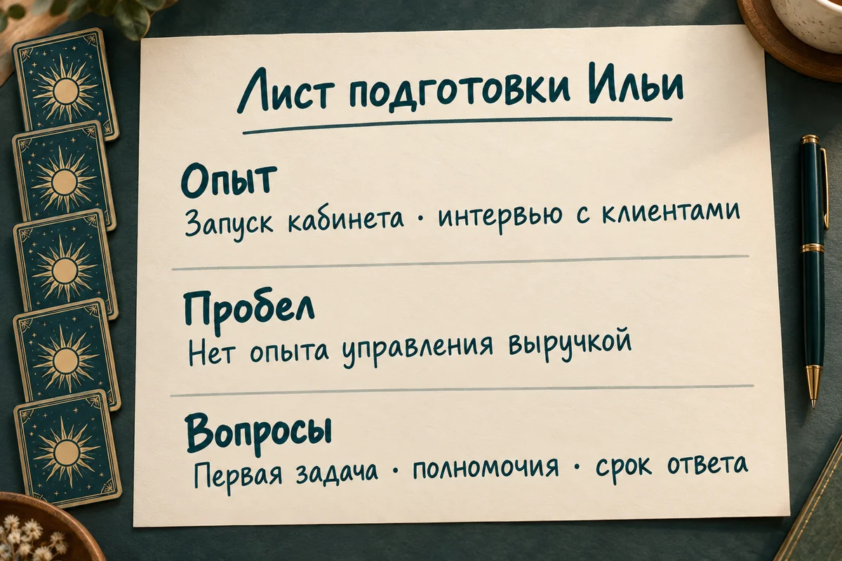 Лист Ильи: запуск кабинета и интервью с клиентами, пробел в управлении выручкой, вопросы о задаче, полномочиях и сроке ответа