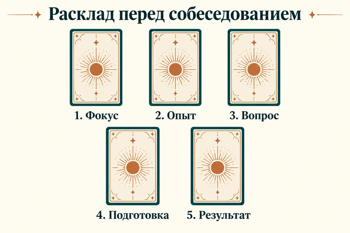 Пять позиций расклада: фокус, опыт, вопрос, подготовка и результат