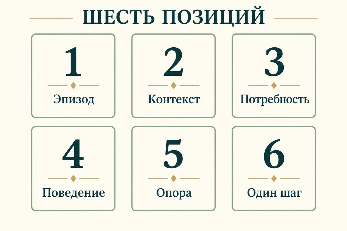 Шесть позиций в два ряда: эпизод, контекст, потребность, поведение, опора, один шаг