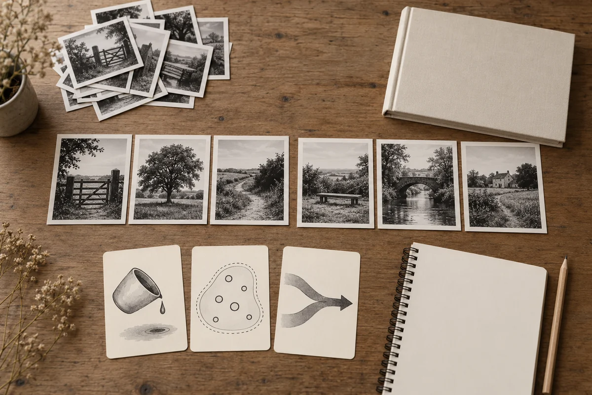 Учебная подборка фотографий прогулки, отложенные повторы и три условные карточки