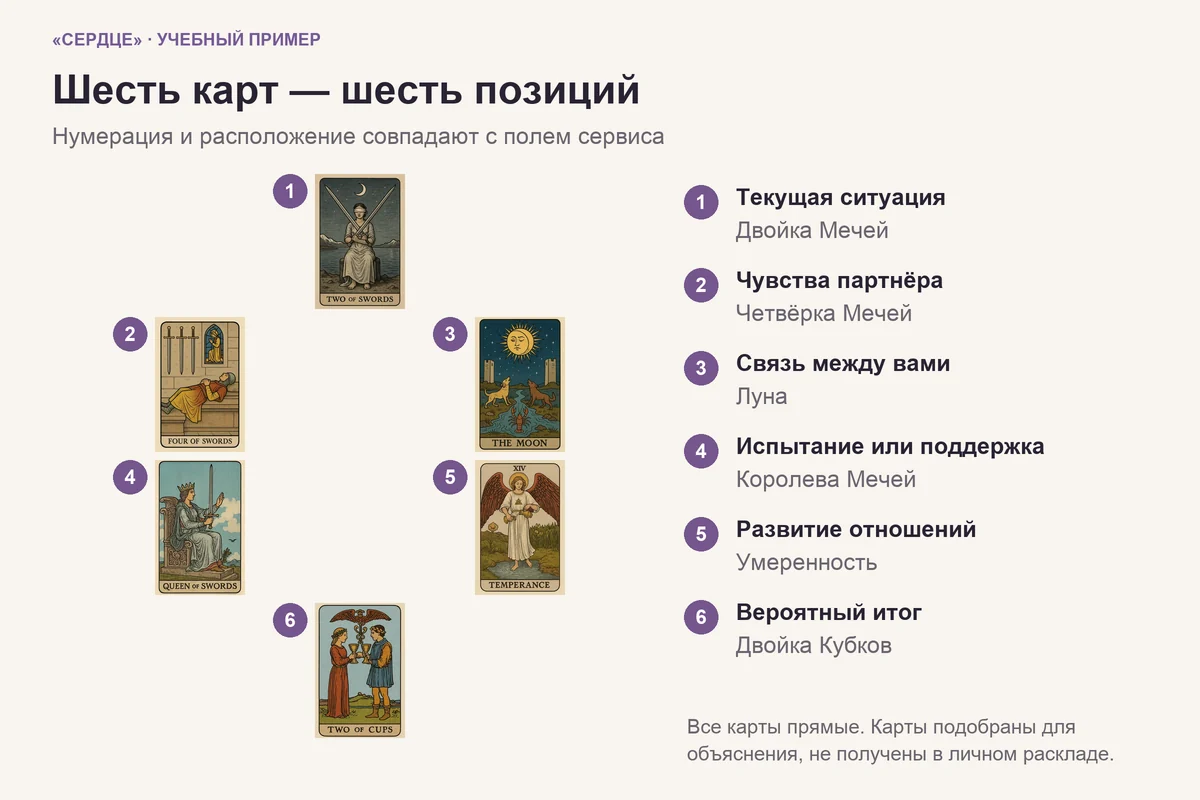 Сердце на шесть карт: актуальное расположение и учебные карты Алины и Максима с номерами позиций