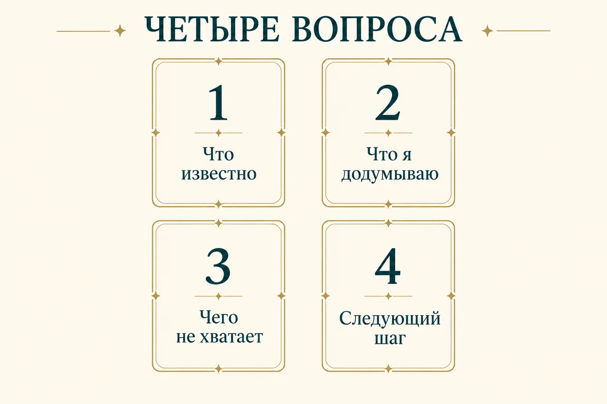 Схема четырёх карт: что известно, что я додумываю, чего не хватает, следующий шаг