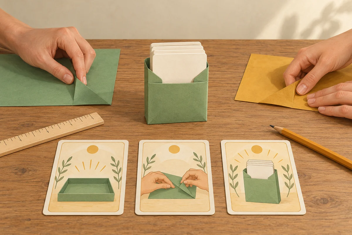 Учебная работа с бумажным чехлом: показ сгиба, самостоятельное повторение и примерка карточек