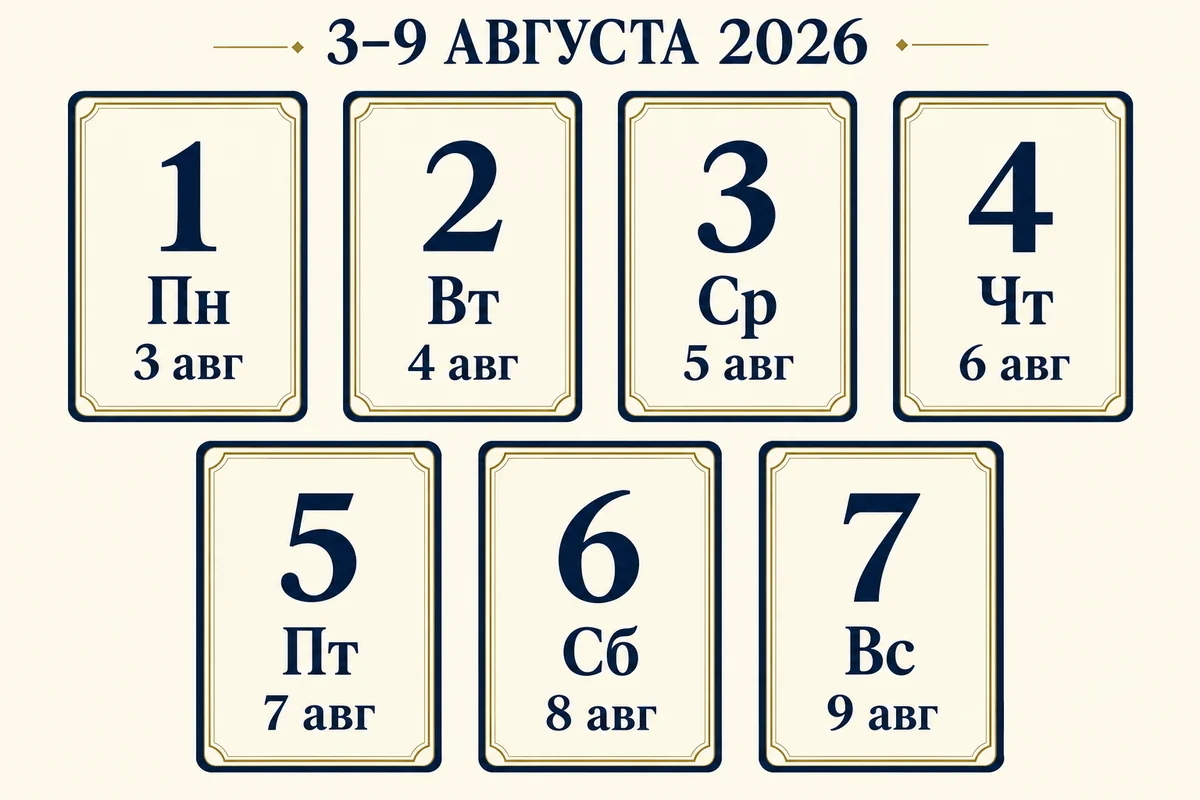 Схема семи позиций: понедельник 3 августа — четверг 6 августа сверху, пятница 7 августа — воскресенье 9 августа снизу