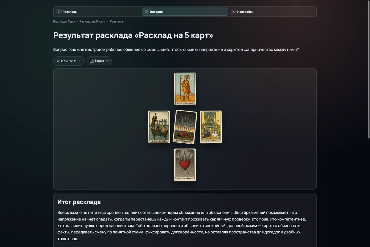 Публичный результат на пять карт: вопрос о рабочем общении, схема и начало трактовки