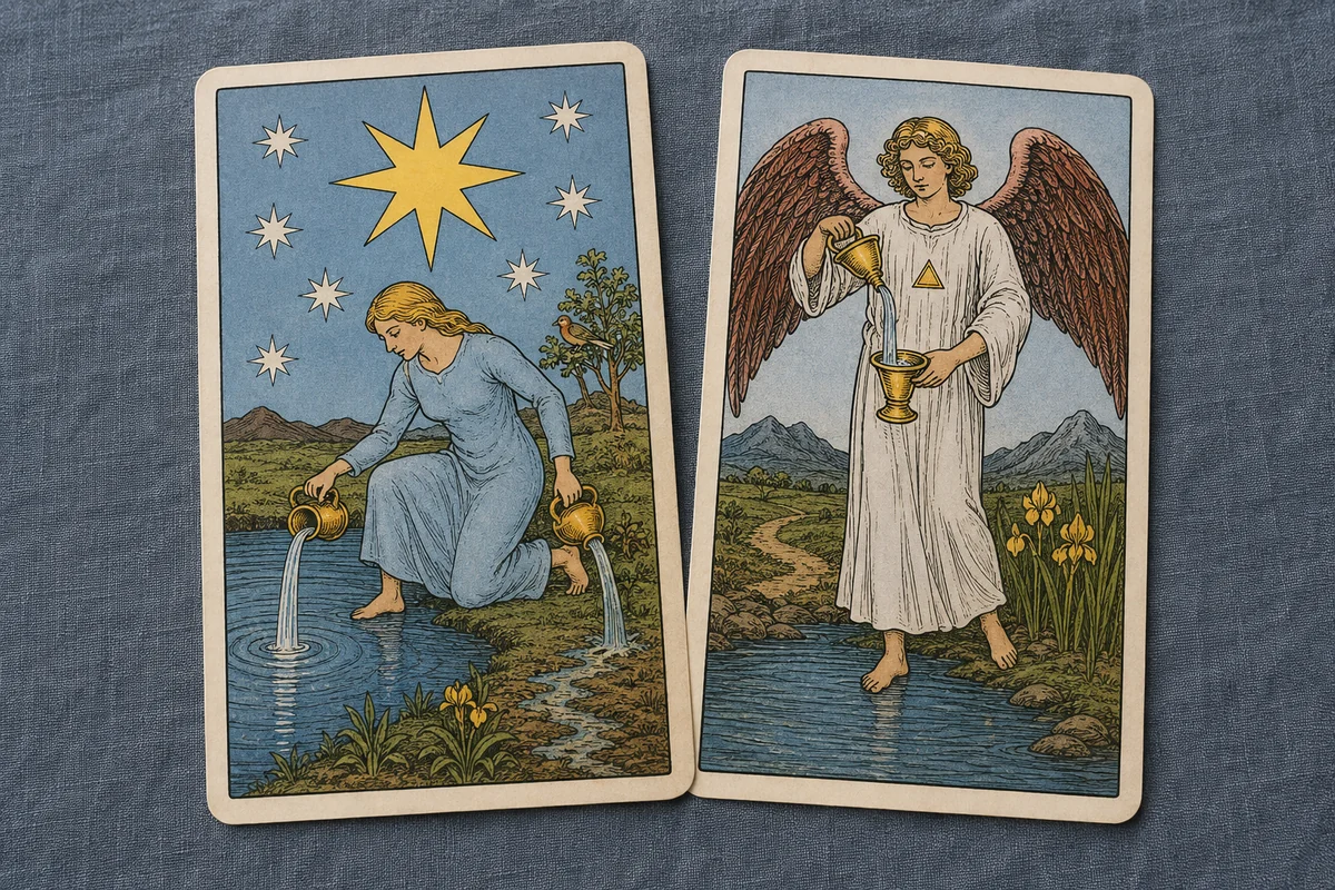 Звезда льёт воду на землю и в водоём, Умеренность переливает воду между двумя чашами