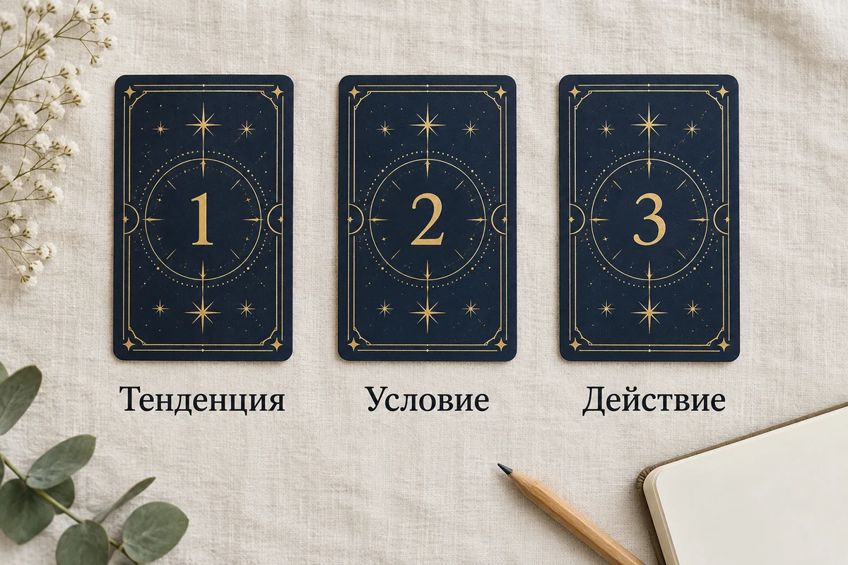 Три карты в ряд: 1 Тенденция, 2 Условие, 3 Действие