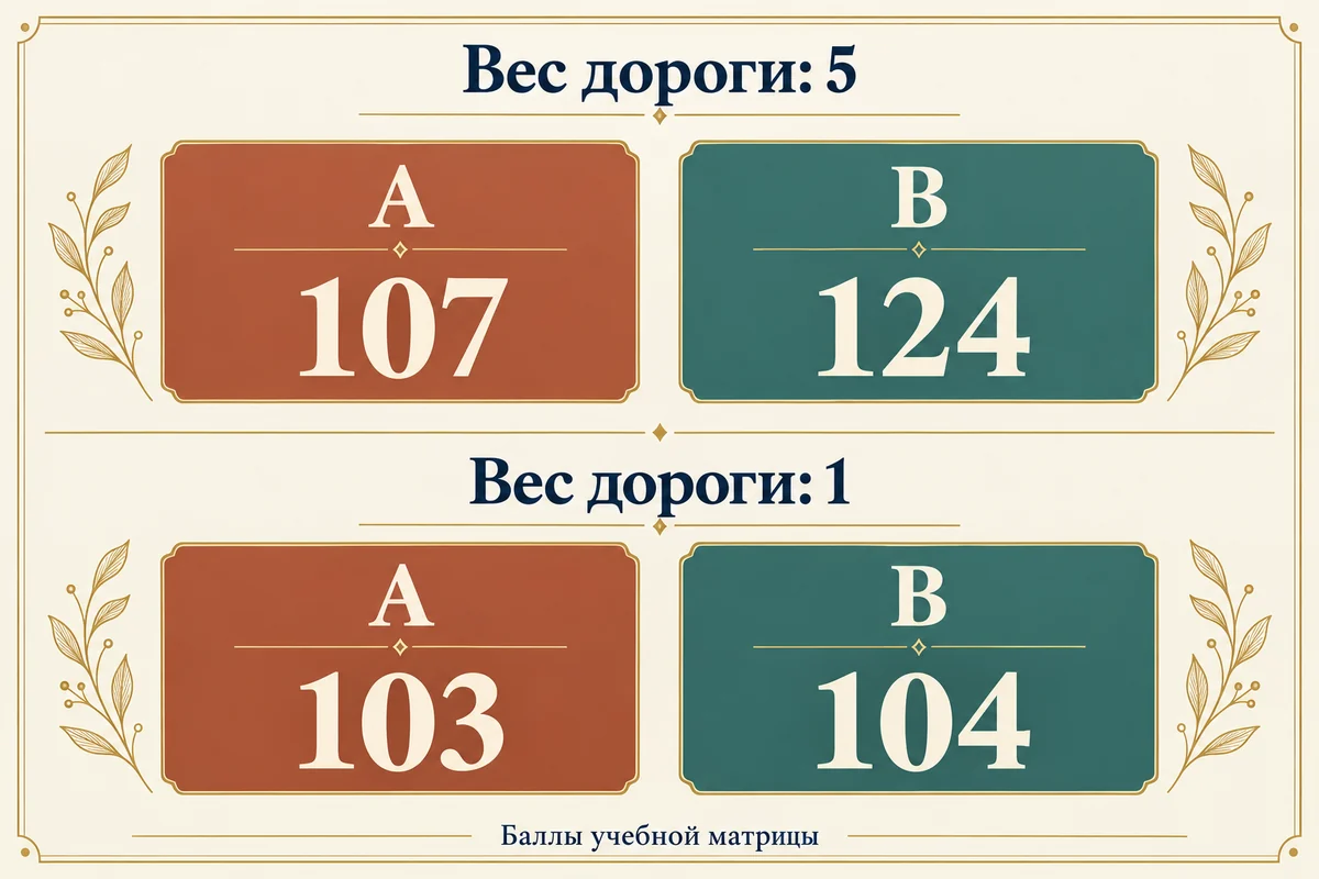 Учебные баллы A и B: 107 и 124 при весе дороги 5, 103 и 104 при весе 1
