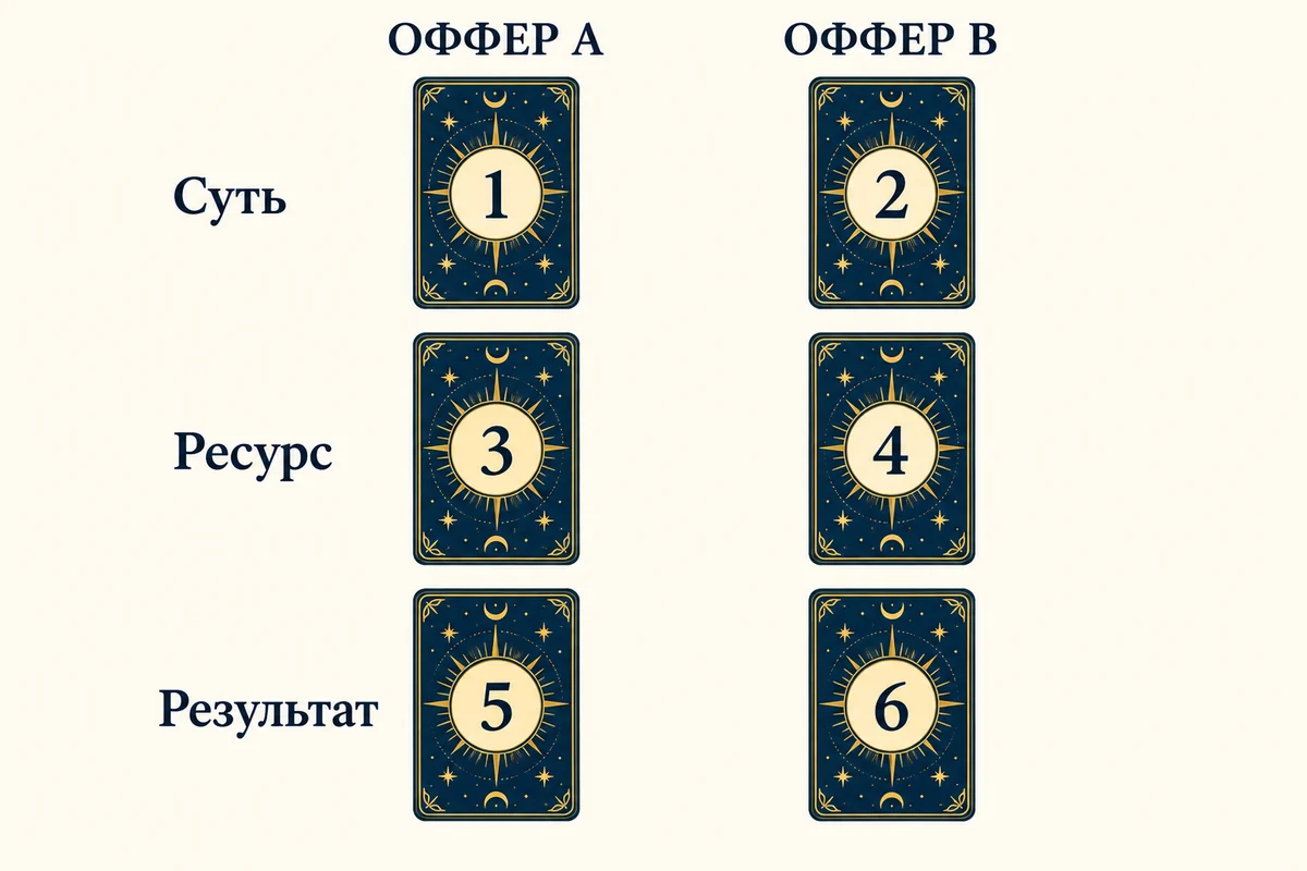 Шесть позиций: слева 1, 3, 5 для оффера A, справа 2, 4, 6 для оффера B