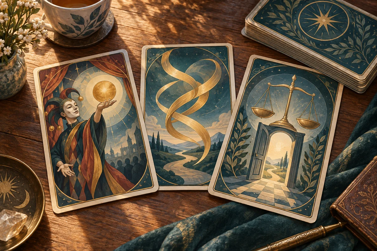 Три вымышленные карты: убедительная подача, переплетённые ленты и весы рядом с открытой дверью